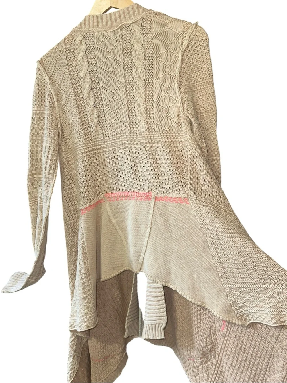 Free People All Washed Out Sand Tan Cardigan Pink Stitching Detail Size S - Picture 6 of 12